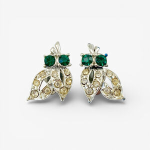 Vintage Art Deco Silver Tone Green Clear Crystal Rhinestone Clip-On Earrings.